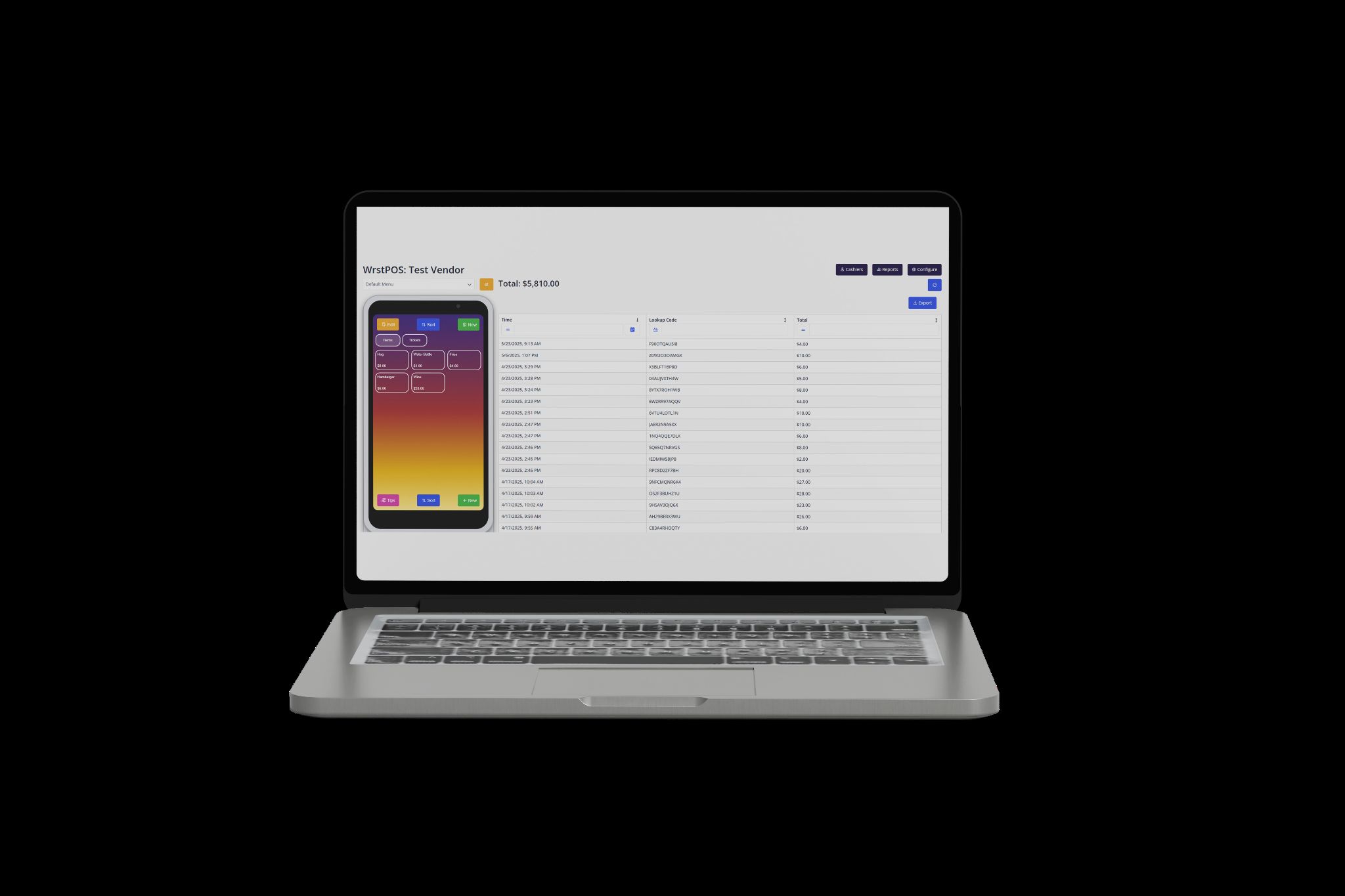 wrstPOS vendor orders and menu screen