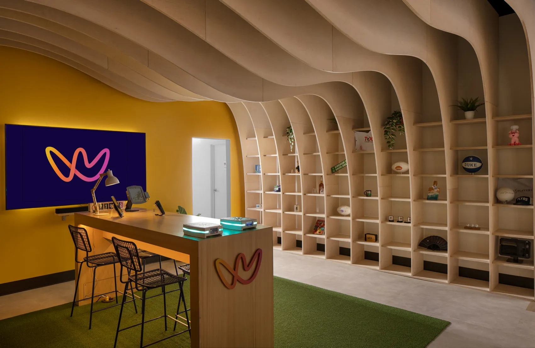 The oak installation running the length of the WRSTBND HQ